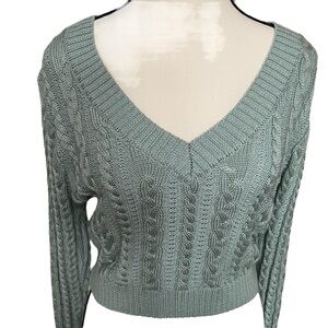 Sage Green V-Neck Cable Knit Cropped Sweater Sz. M‎ Preppy